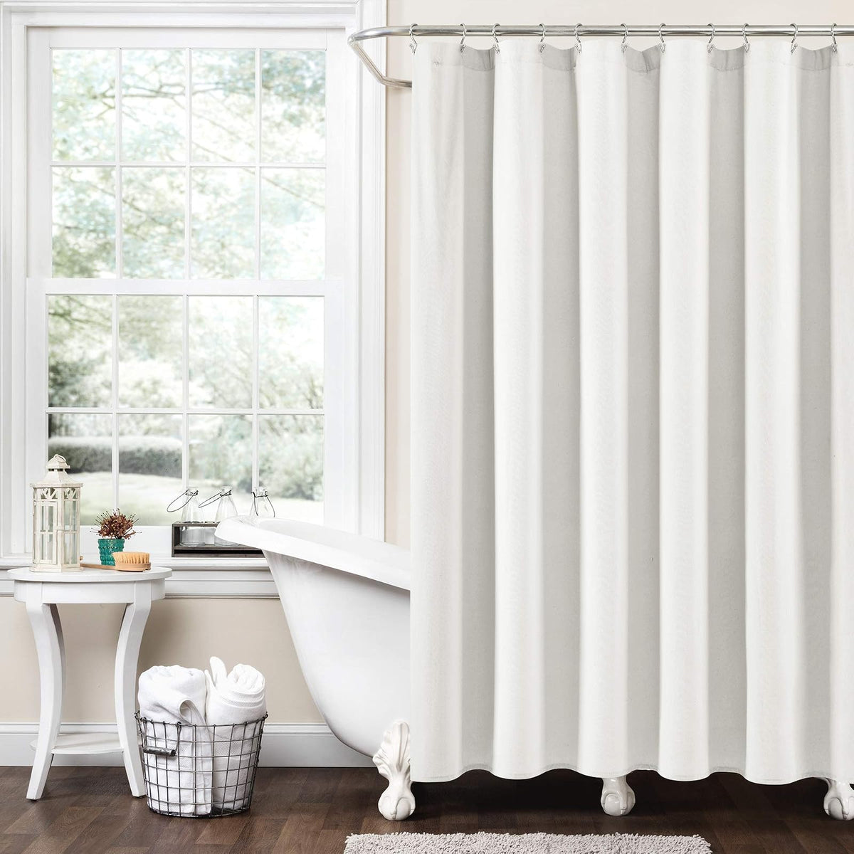 Lush Decor Cortina de Ducha de Lino con Pompones Bohemios, 72 x 72 Pulgadas, Color Blanco Roto