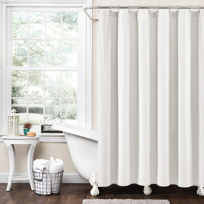 Lush Decor Cortina de Ducha de Lino con Pompones Bohemios, 72 x 72 Pulgadas, Color Blanco Roto