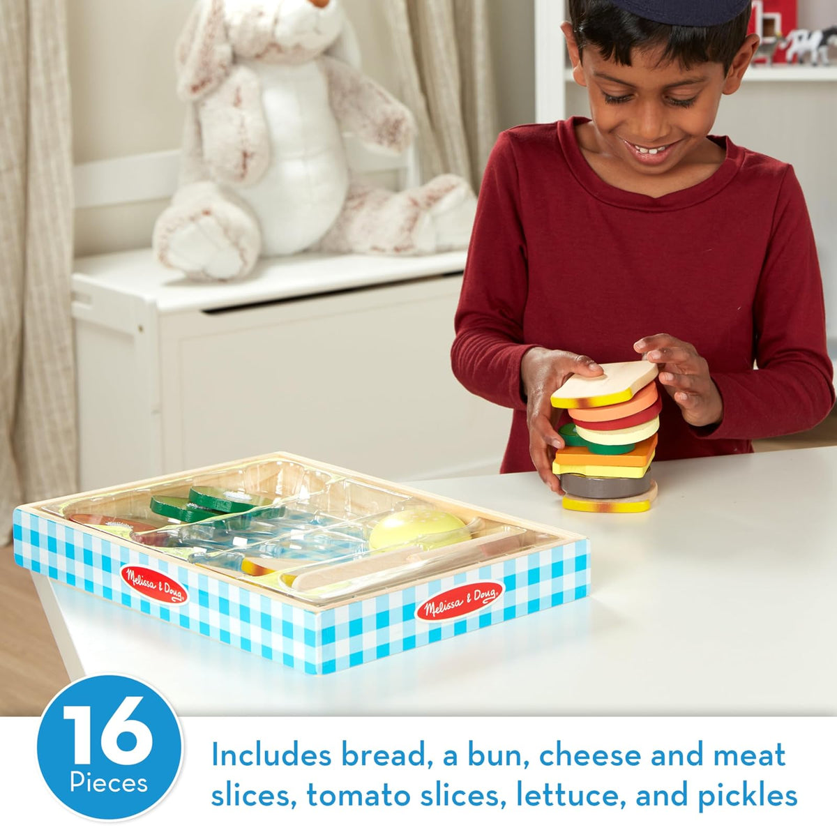 Melissa & Doug Juego para Hacer Sándwiches, Comida de Juguete, Juguete de Madera, Juego de Imitación (16 Piezas)