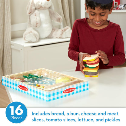 Melissa & Doug Juego para Hacer Sándwiches, Comida de Juguete, Juguete de Madera, Juego de Imitación (16 Piezas)