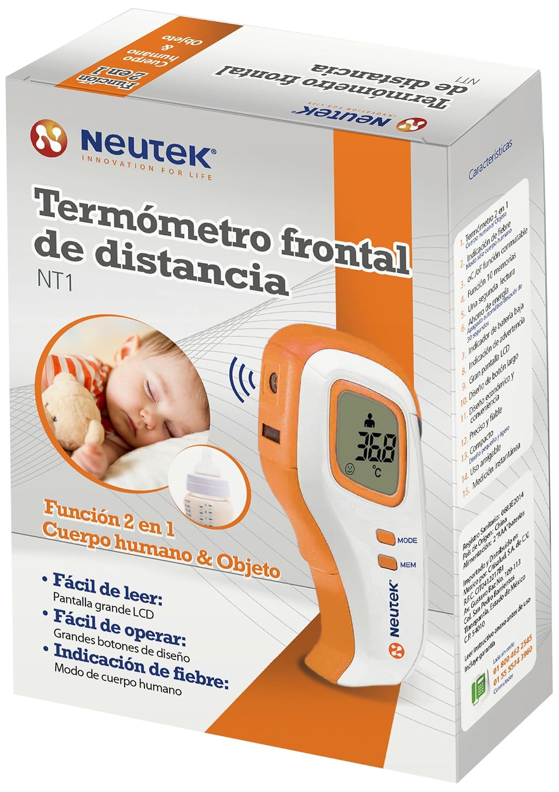 Termómetro Infrarrojo Sin Contacto Neutek NT-1 | Medición Rápida en Frente y Objetos | Indicador de Fiebre | 10 Memorias | Ligero y Portátil | Alerta de Batería Baja | Blanco/Naranja
