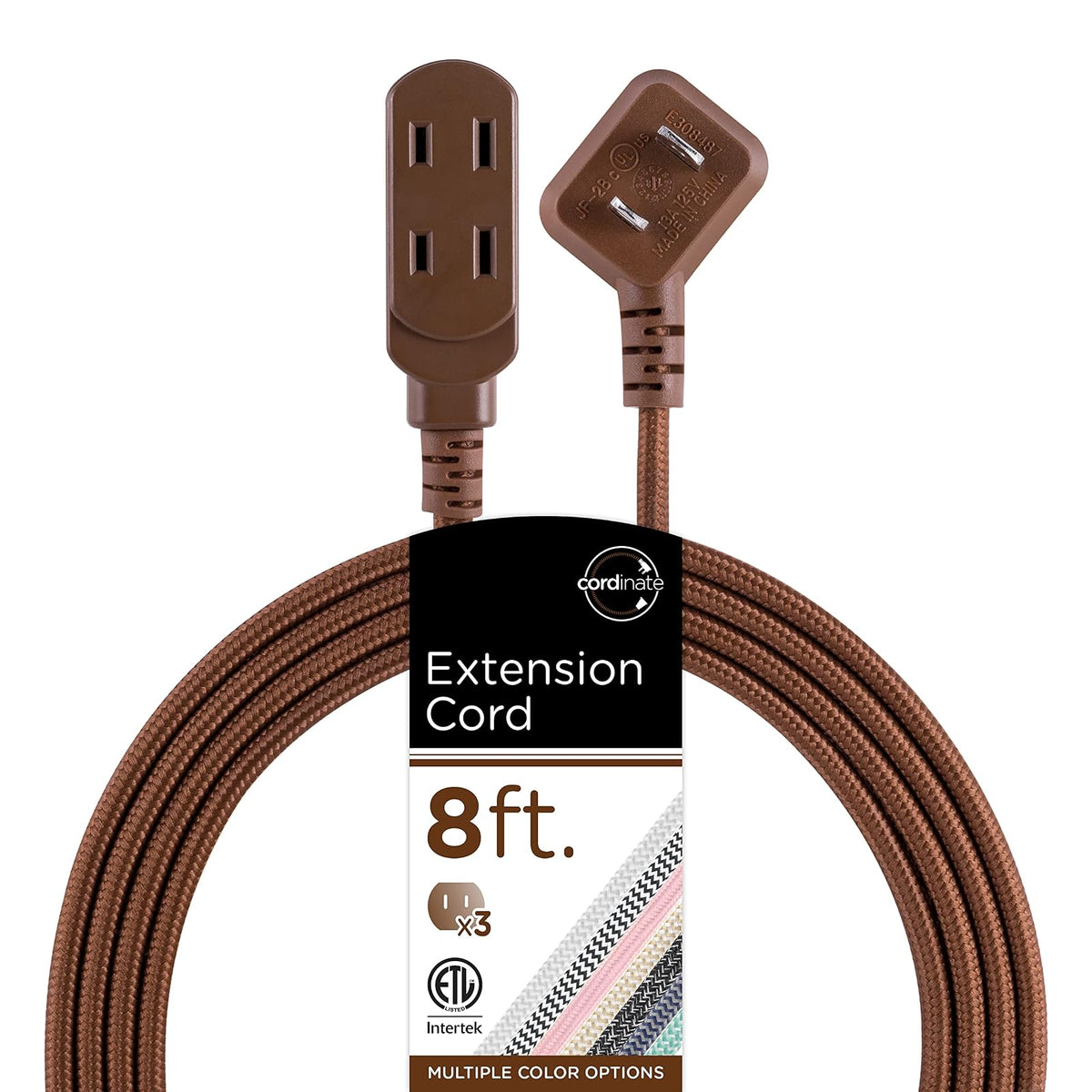 Cordinate Designer Extensión Eléctrica de 3 Salidas Polarizadas, Cable Trenzado 2.4 m - Café - 2.4 m - 1 paquete