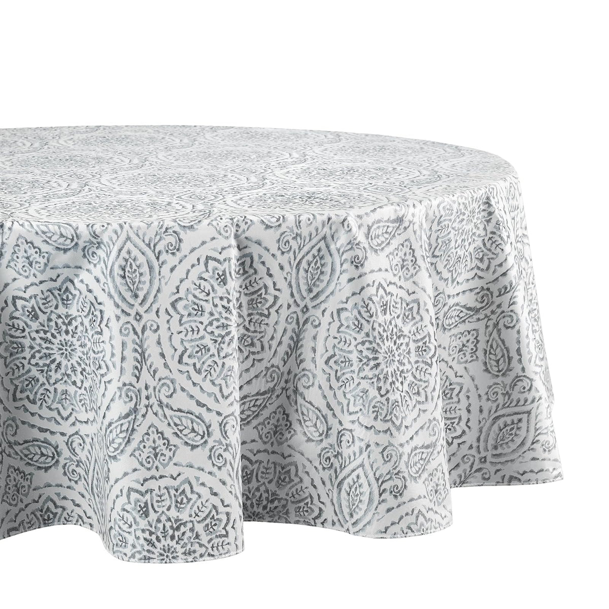 Elrene Home Fashions Savannah - Mantel de Vinilo Bohemio de Cachemira Resistente al Agua y a Las Manchas con Respaldo de Franela, 70 x 70 Pulgadas, Redondo, Gris