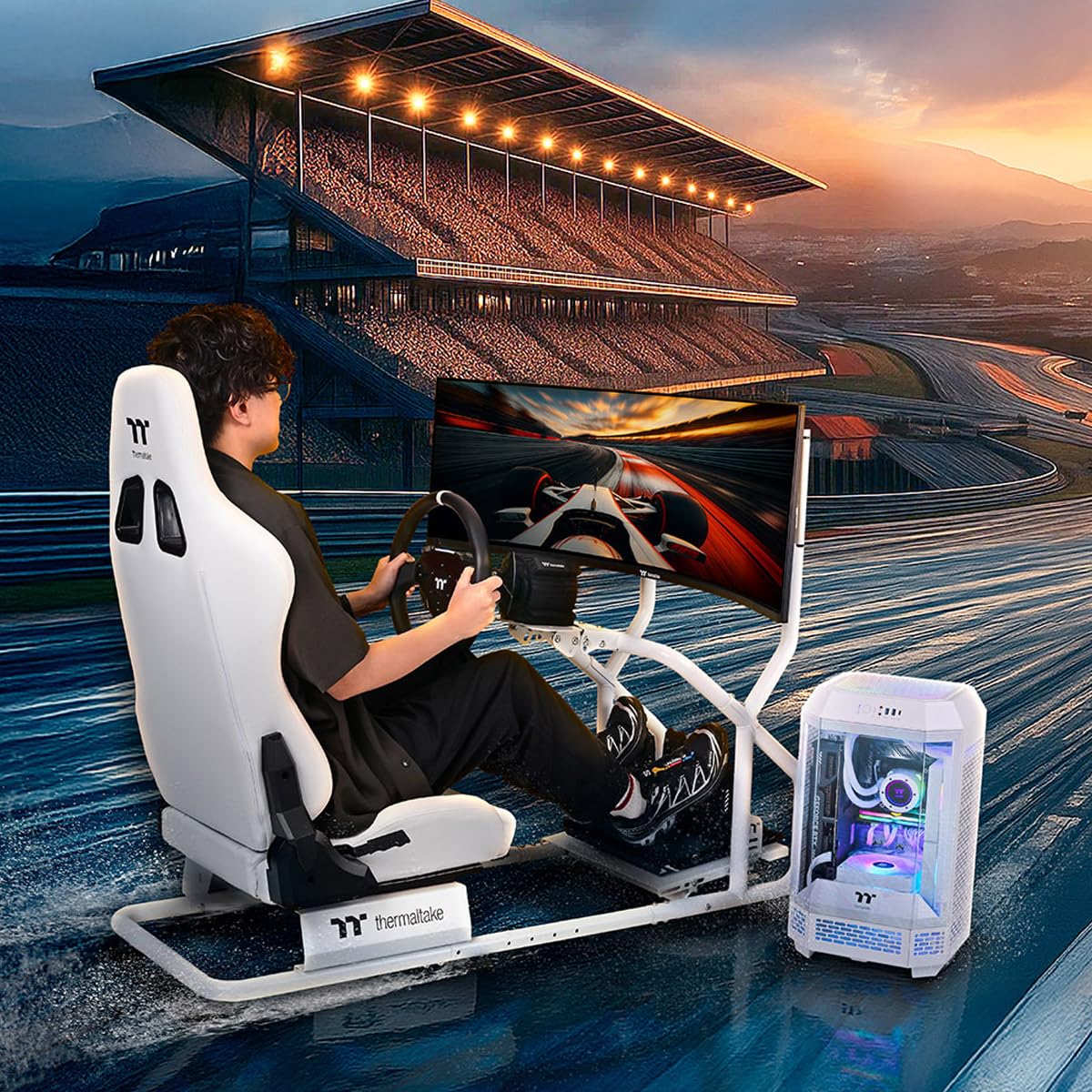 Thermaltake GR300 - Soporte para Monitor de simulador de Carreras; Monitor Individual o televisor; Pantallas de 32 a 50 Pulgadas; Montaje VESA, Acero Recubierto en Polvo; Blanco; GSC-R3M-MDSLWH-01