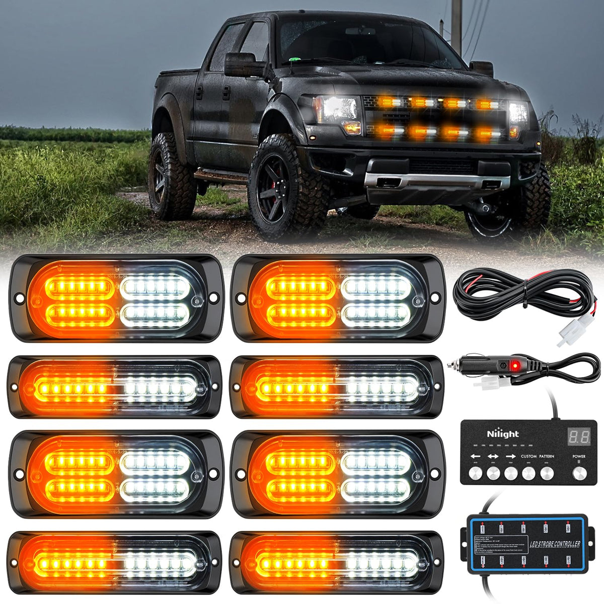 Nilight Kit de 4 Luces LED Estroboscópicas para Vehículo, Ámbar/Blanco, 12V - Blanco ámbar