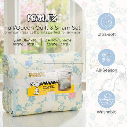 Peanuts Snoopy - Juego de Colcha tamaño matrimonial/Queen, Colcha Ligera para Todas Las Estaciones con Estampado Floral de Primavera y Funda, Ropa de Cama súper Suave de 3 Piezas (Producto