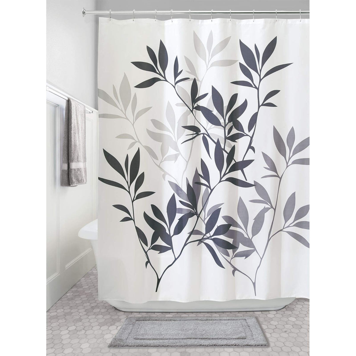 interDesign Leaves Cortina de Ducha | Cortina de baño de diseño de tamaño estándar, 183,0 cm x 183,0 cm | Elegantes Cortinas Estampadas con Dibujo de Hojas | Poliéster Negro/Gris