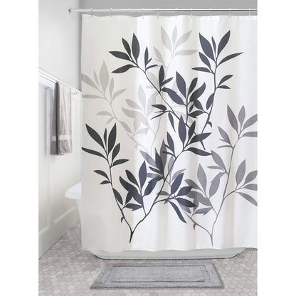 interDesign Leaves Cortina de Ducha | Cortina de baño de diseño de tamaño estándar, 183,0 cm x 183,0 cm | Elegantes Cortinas Estampadas con Dibujo de Hojas | Poliéster Negro/Gris
