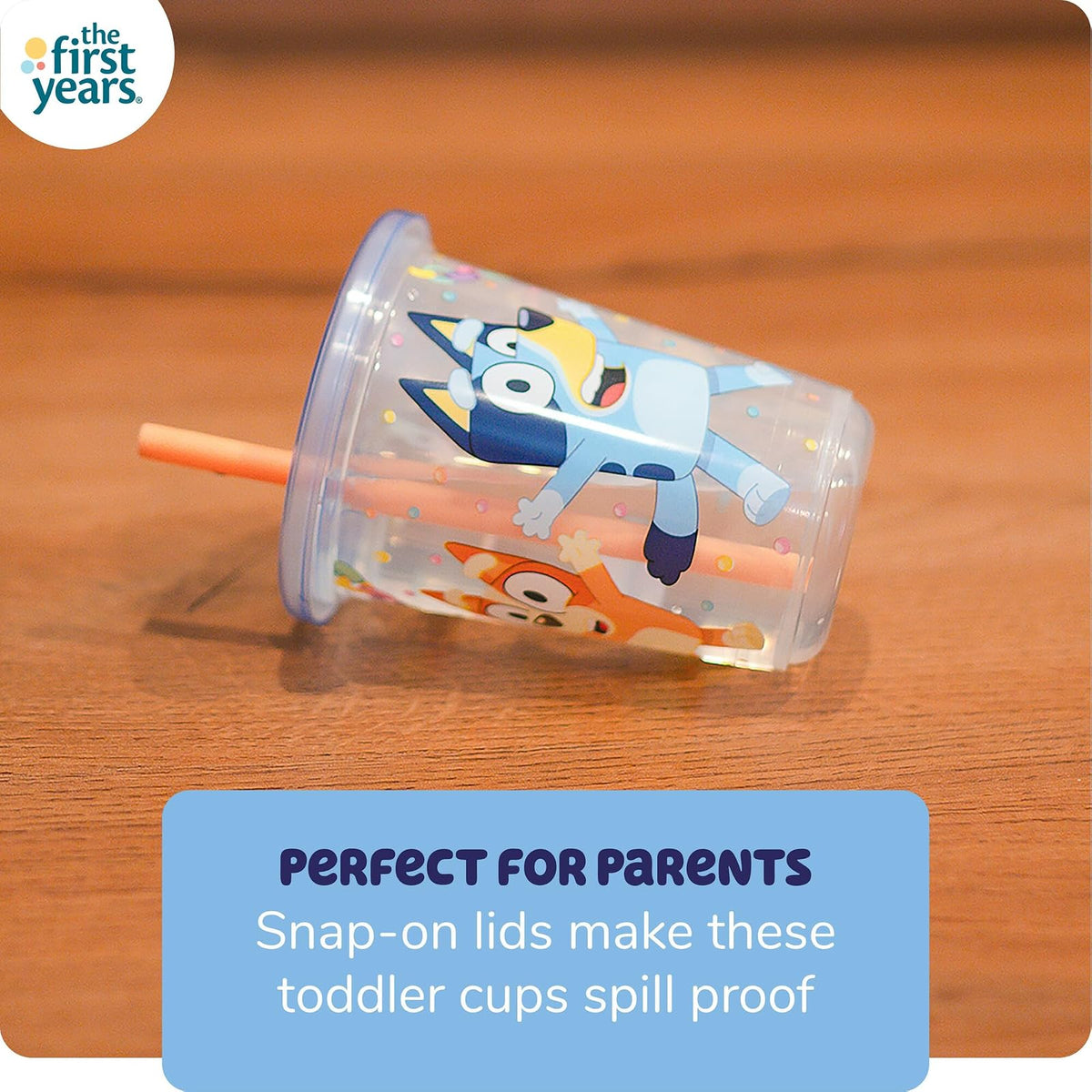 The First Years Bluey Take & Toss - Juego de tazas de paja para niños pequeños, a prueba de derrames con tapas y popotes a presión, suministros de fiesta Bluey y decoraciones de cumpleaños azulados,