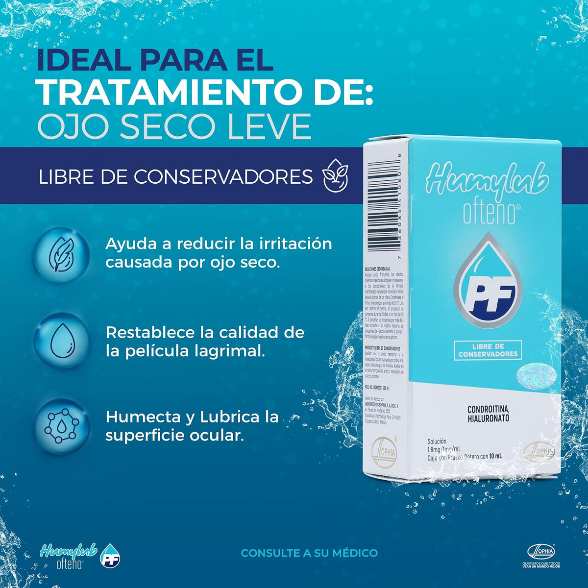 HUMYLUB OFTENO Gotas Lubricantes Oculares Sin Conservadores, Hialuronato de Sodio y Condroitín Sulfato, Alivio Ojo Seco Leve a Moderado, Estabiliza Película Lagrimal, Frasco Gotero 10 ml