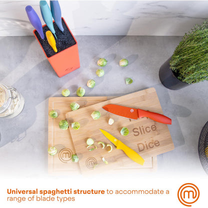 MasterChef - Juego de 6 cuchillos de cocina, cuchillas de acero inoxidable extra afiladas para corte profesional con revestimiento antiadherente y asas suaves al tacto de fácil agarre en un bloque