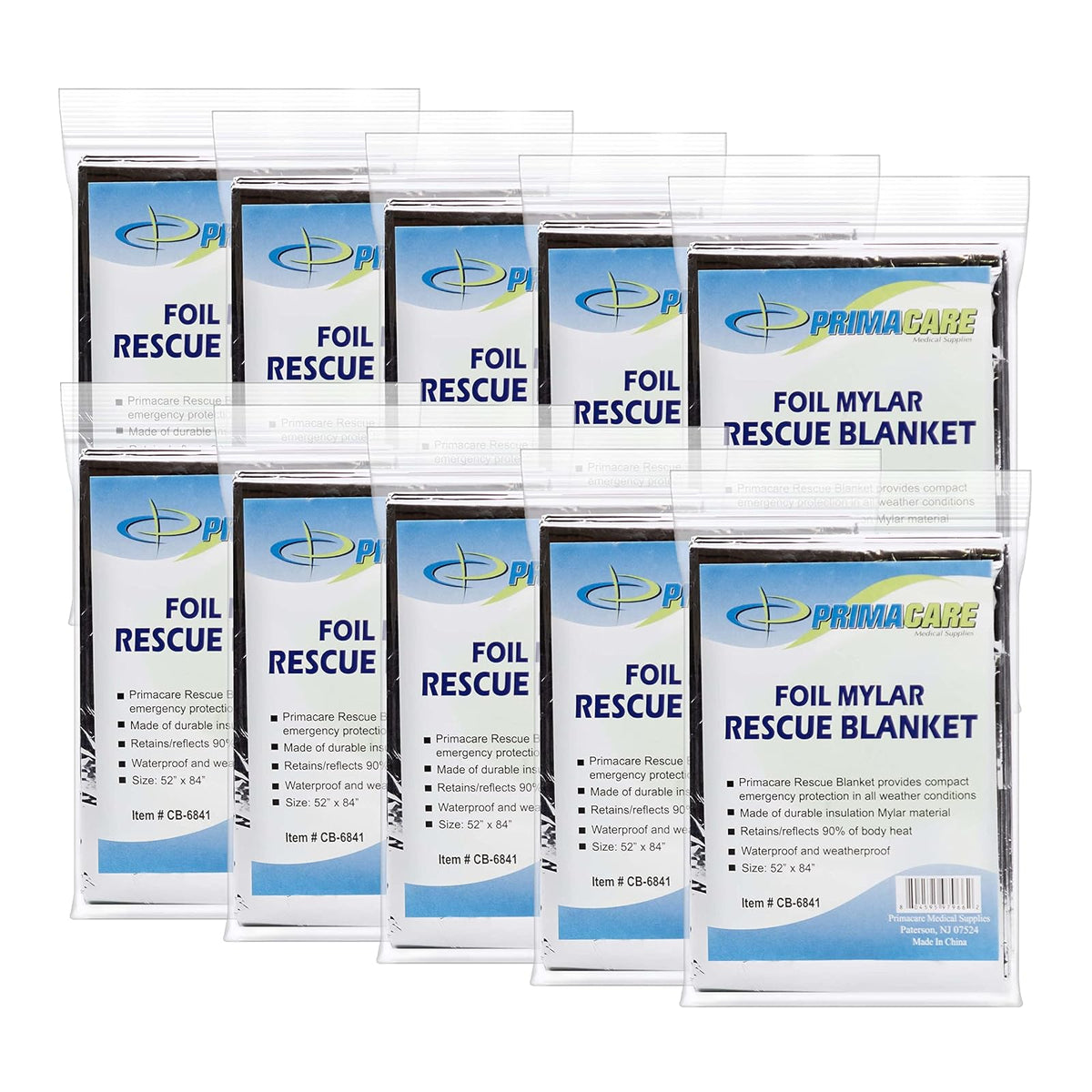 Primacare CB-6841-CS Emergency Foil Mylar Thermal Blanket, 82" Length x 54" Width (Pack of 10)
