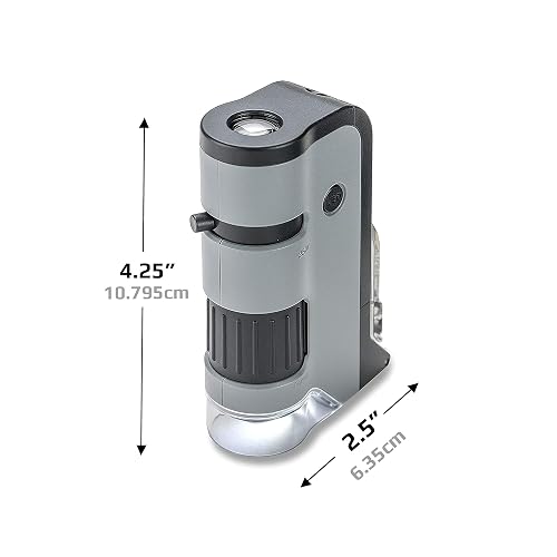 Carson Microflip 100X-250x - Microscopio de Bolsillo con Luz LED y UV, Base Deslizante Abatible y Clip de Digitalización para Smartphone (MP-250 o MP-250MU), Paquete Individual, Gris, una Talla
