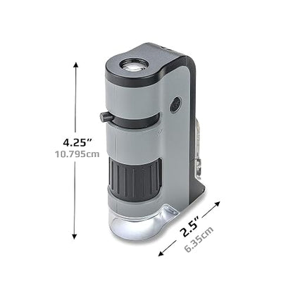 Carson Microflip 100X-250x - Microscopio de Bolsillo con Luz LED y UV, Base Deslizante Abatible y Clip de Digitalización para Smartphone (MP-250 o MP-250MU), Paquete Individual, Gris, una Talla