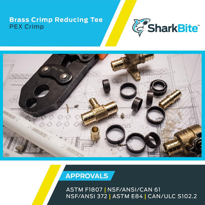 SharkBite playera reductora de crimpado de 3/4 pulgadas x 3/4 pulgadas x 1/2 pulgadas, accesorio de fontanería de latón, tubo PE-RT, UC412LFA