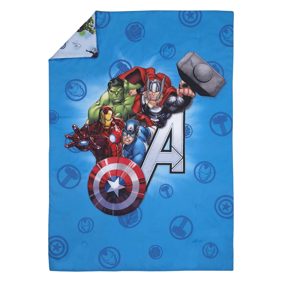 Disney Marvel Avengers Fight The Foes, Juego de Cama, 4 Piezas, Color Azul, Rojo, Verde Hulk, Iron Man, Thor, Capitán América, edredón, sábana Bajera Ajustable, sábana y Funda de Almohada Reversible
