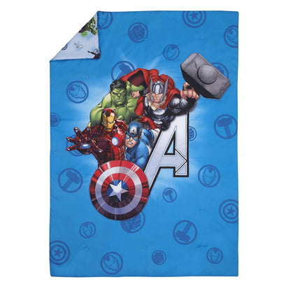 Disney Marvel Avengers Fight The Foes, Juego de Cama, 4 Piezas, Color Azul, Rojo, Verde Hulk, Iron Man, Thor, Capitán América, edredón, sábana Bajera Ajustable, sábana y Funda de Almohada Reversible