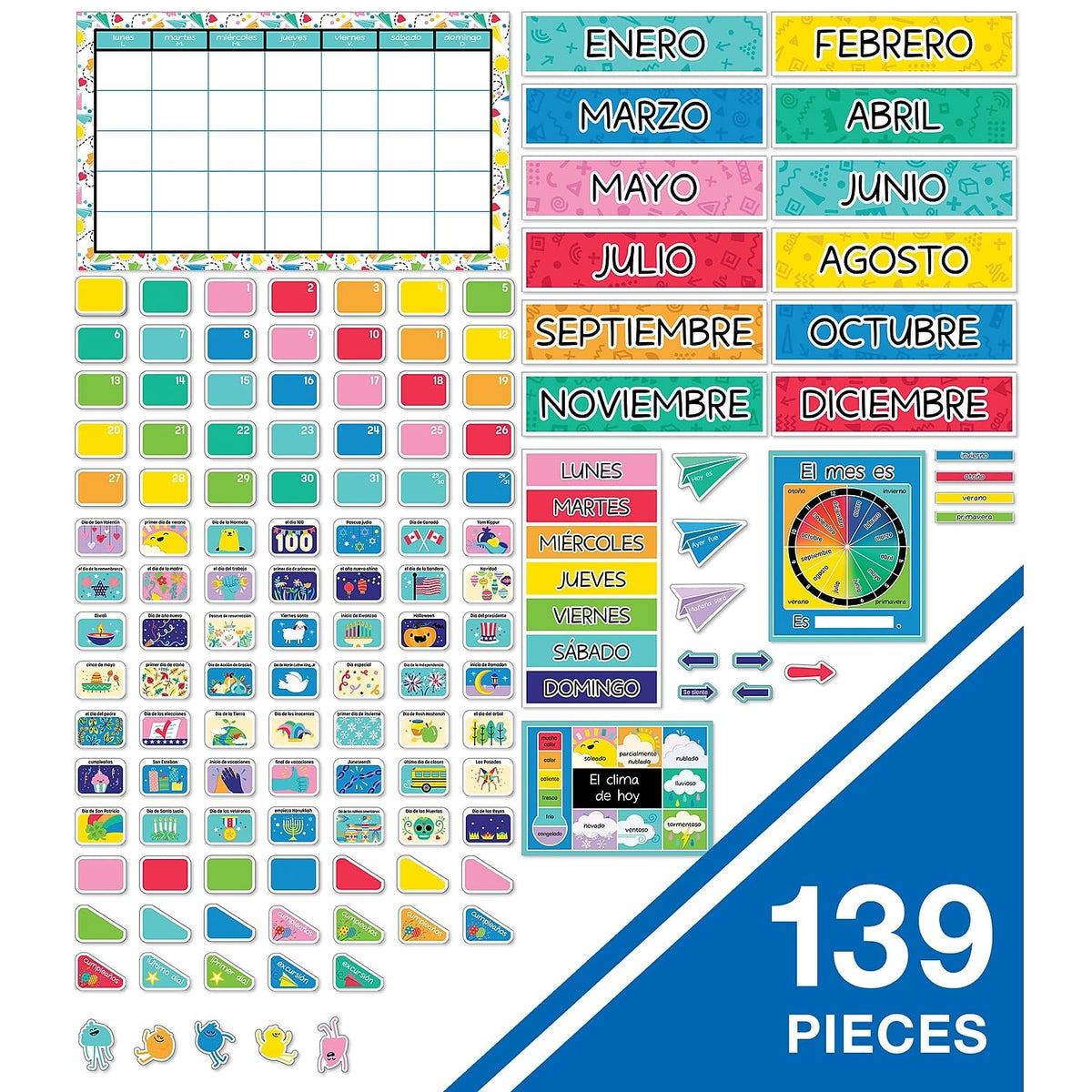 Carson Dellosa Happy Place - Juego de 139 piezas de calendario español, cabecera mensual, día festivo, cobertura de números, estaciones, clima, tabla de días de la semana, ESL o aula bilingüe, tablero
