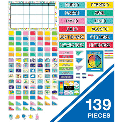 Carson Dellosa Happy Place - Juego de 139 piezas de calendario español, cabecera mensual, día festivo, cobertura de números, estaciones, clima, tabla de días de la semana, ESL o aula bilingüe, tablero