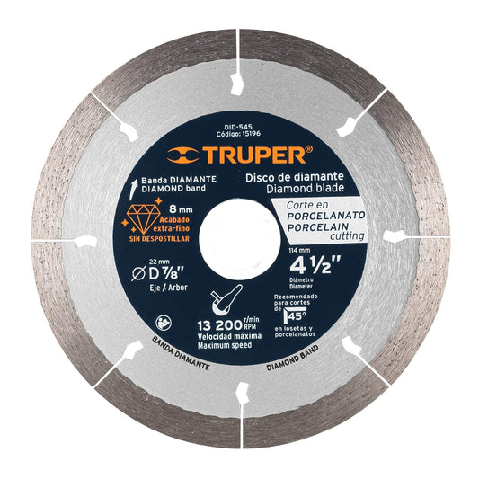 Truper Disco Diamante DID-545 4 1/2" Porcelanato | Diámetro 114 mm, espesor 1.3 mm, corte seco/húmedo, porcelanato, cerámica, azulejo