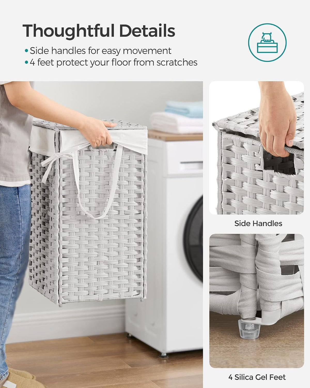 SONGMICS Cesto de lavandería con tapa, tela a mano, de polirratán, plegable, con asas y bolsa de forro extraíble, color blanco ULCB165W01