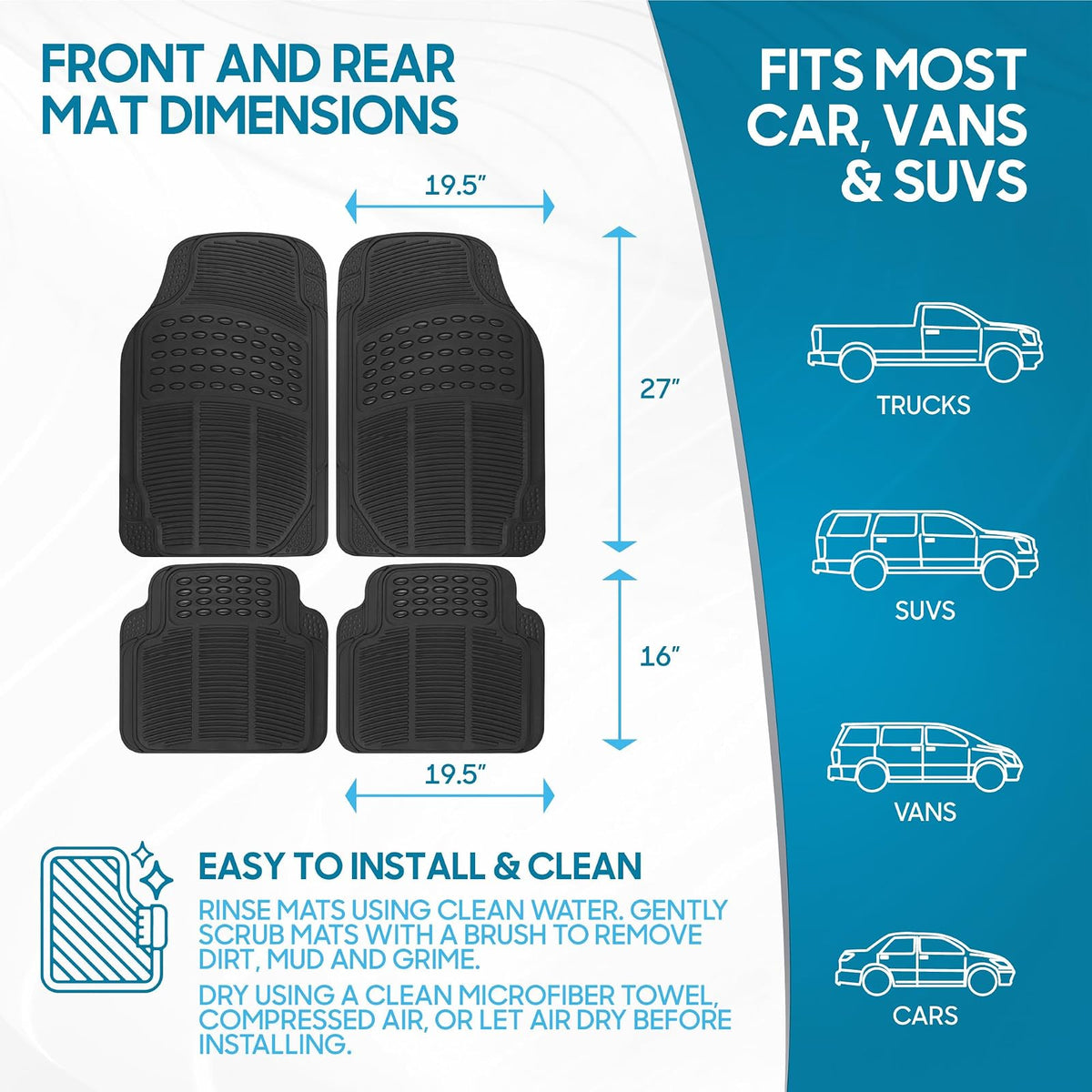BDK todo tipo de clima alfombrillas de goma para automóvil SUV y camión - Set de 4 piezas (parte delantera y trasera), ajustable, resistente protección (Negro)