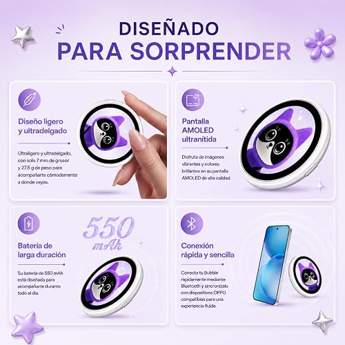 OPPO Bubble E-Badge para Celulares, Selfies con Cámara Trasera, Control Remoto hasta 10 m, Pantalla AMOLED de 1.7", Diseños Personalizables y Conexión Bluetooth 5.2