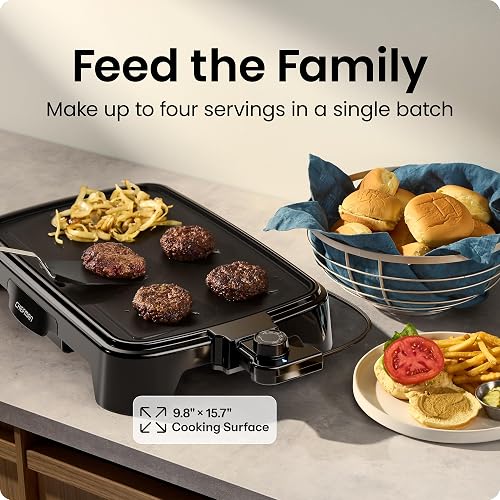 Chefman Plancha eléctrica con control de temperatura extraíble, parrilla ideal para hamburguesas, huevos, plancha para panqueques, superficie de cocción antiadherente fácil de limpiar 10 x 16 pulgadas