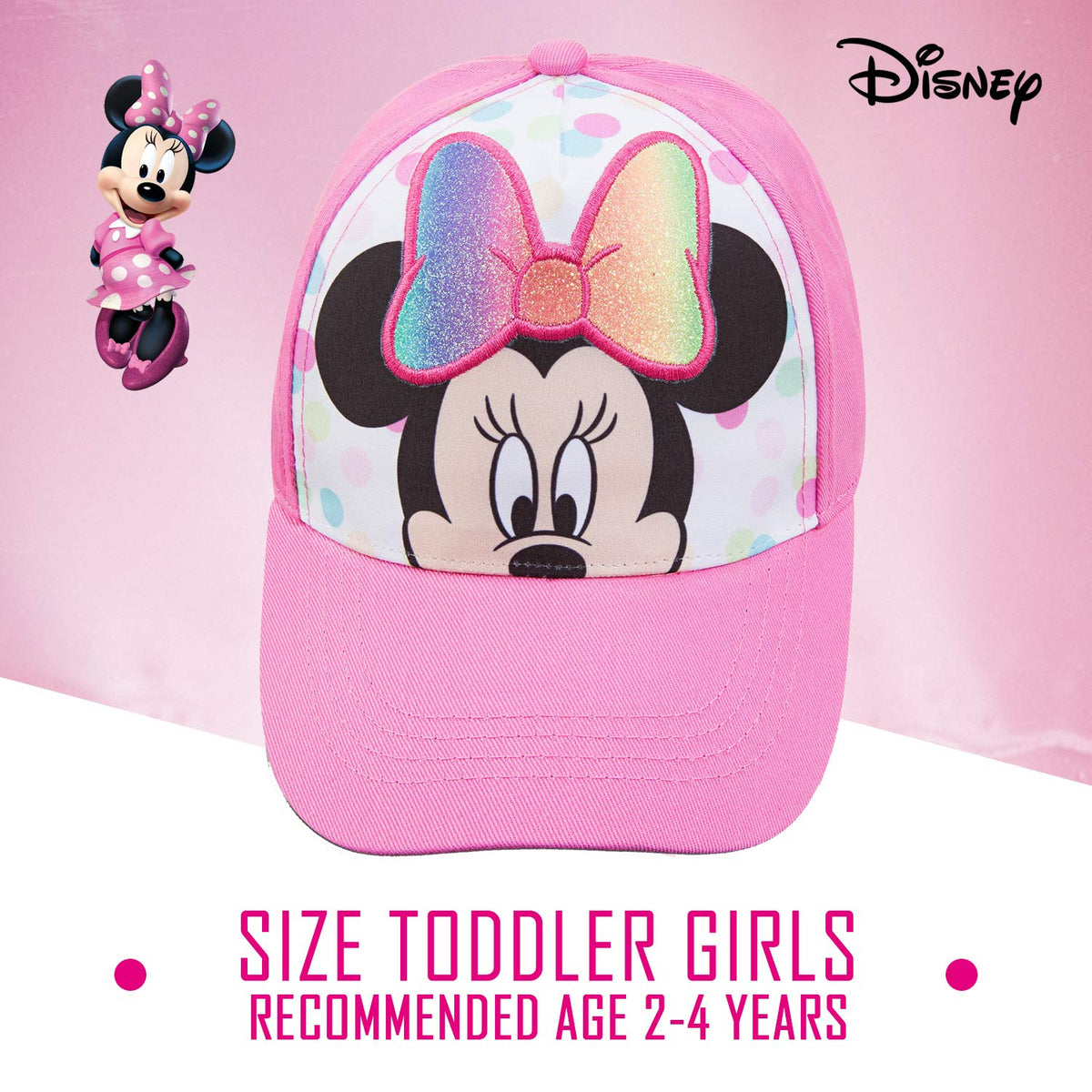 Disney Minnie Mouse - Gorra de béisbol rosa para niñas pequeñas, edades de 2 a 4 años, cierre de velcro ajustable, color rosa/blanco