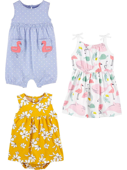Simple Joys by Carter's - Paquete de 3 mamelucos, traje de sol y vestido para niña
