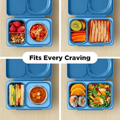 Omie OmieBox UP Bento Box para niños, lonchera aislada, tarro de alimentos térmico aislado al vacío a prueba de fugas, bolsa de hielo más fría, 2 compartimentos (azul cósmico)