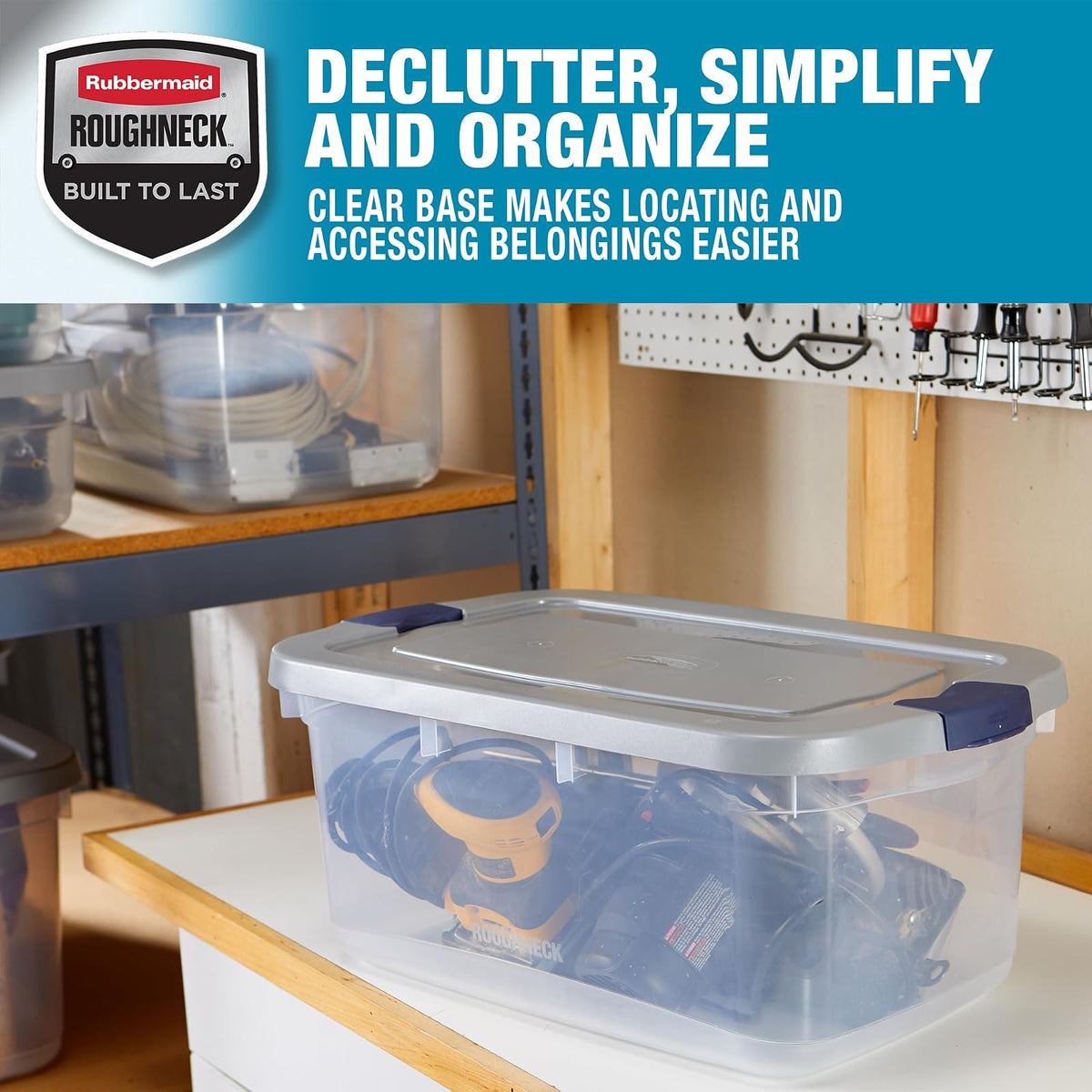 Rubbermaid Roughneck - Contenedores de almacenamiento transparentes de 50 cuartos de galón/12 galones, paquete de 5 con tapas grises con cierre, base visible, resistente y apilable, ideal para