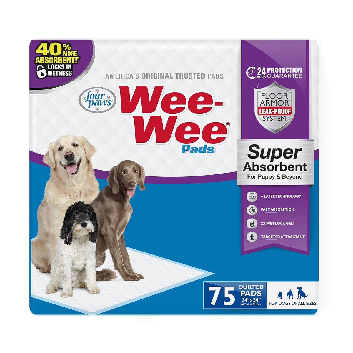 Four Paws Wee-Wee Super Absorbent Dog Housebreaking Pads, 75 Ct