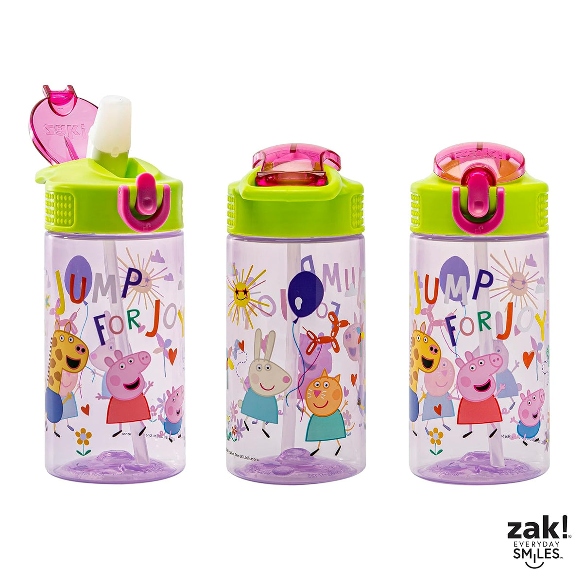 Zak Designs - Botella de agua de Peppa Pig de 16 onzas con Peppa & Friends, plástico duradero | Niños, para la escuela o viajes, con popote, mango, a prueba de fugas, cubierta de boquilla desplegable