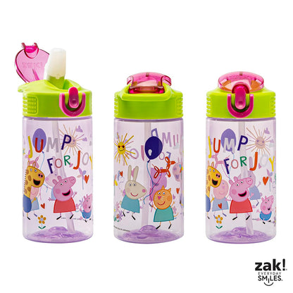 Zak Designs - Botella de agua de Peppa Pig de 16 onzas con Peppa & Friends, plástico duradero | Niños, para la escuela o viajes, con popote, mango, a prueba de fugas, cubierta de boquilla desplegable