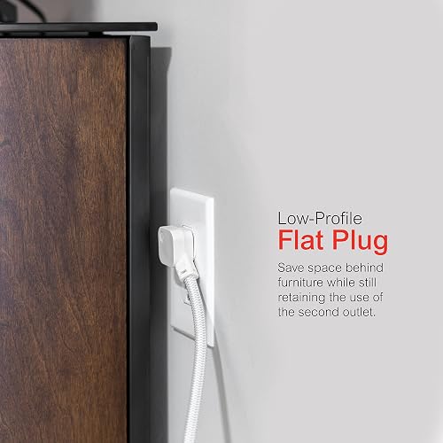GE Pro Tira Multicontactos De 3 Salidas con Supresor de Picos, Enchufe Plano, Cable De Extensión Trenzado De 2.4 m (8 Pies) 250 Julios, Conectado a Tierra Certificacion UL, Blanco/Gris, 1 Unidad 38433