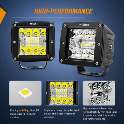 Nilight 2 Cubos LED Cuadrados de 8 cm, 42 W, Combo Spot/Inundación para Todoterreno, Jeep, ATV, UTV