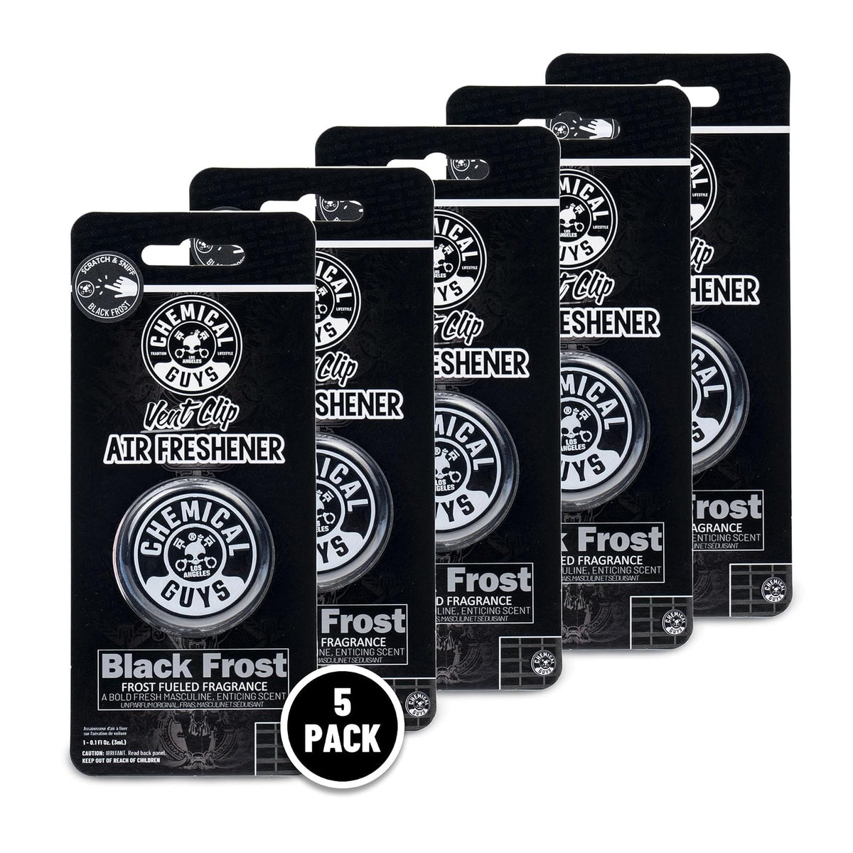 Chemical Guys Ambientador con Clip de Escarcha Negra de (Ideal para Automóviles, Camiones, todoterrenos, caravanas, Casas, oficinas, dormitorios y más) Paquete de 5 Unidades