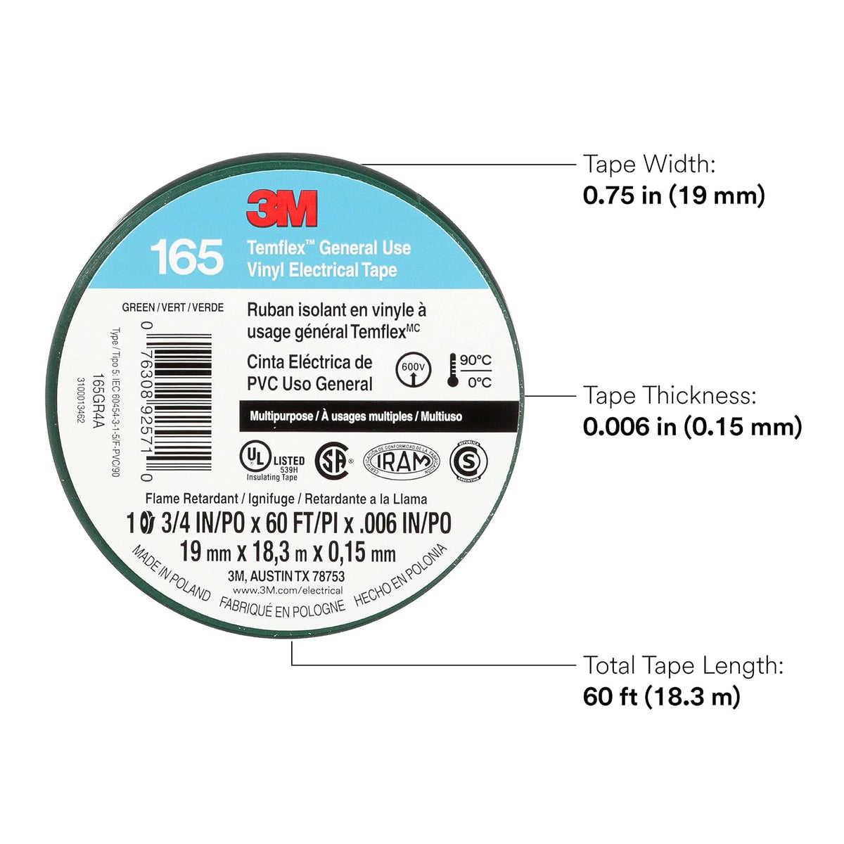 3M Temflex Cinta eléctrica de vinilo multiusos 165, verde, 19 mm x 18 m, paquete de 10 rollos