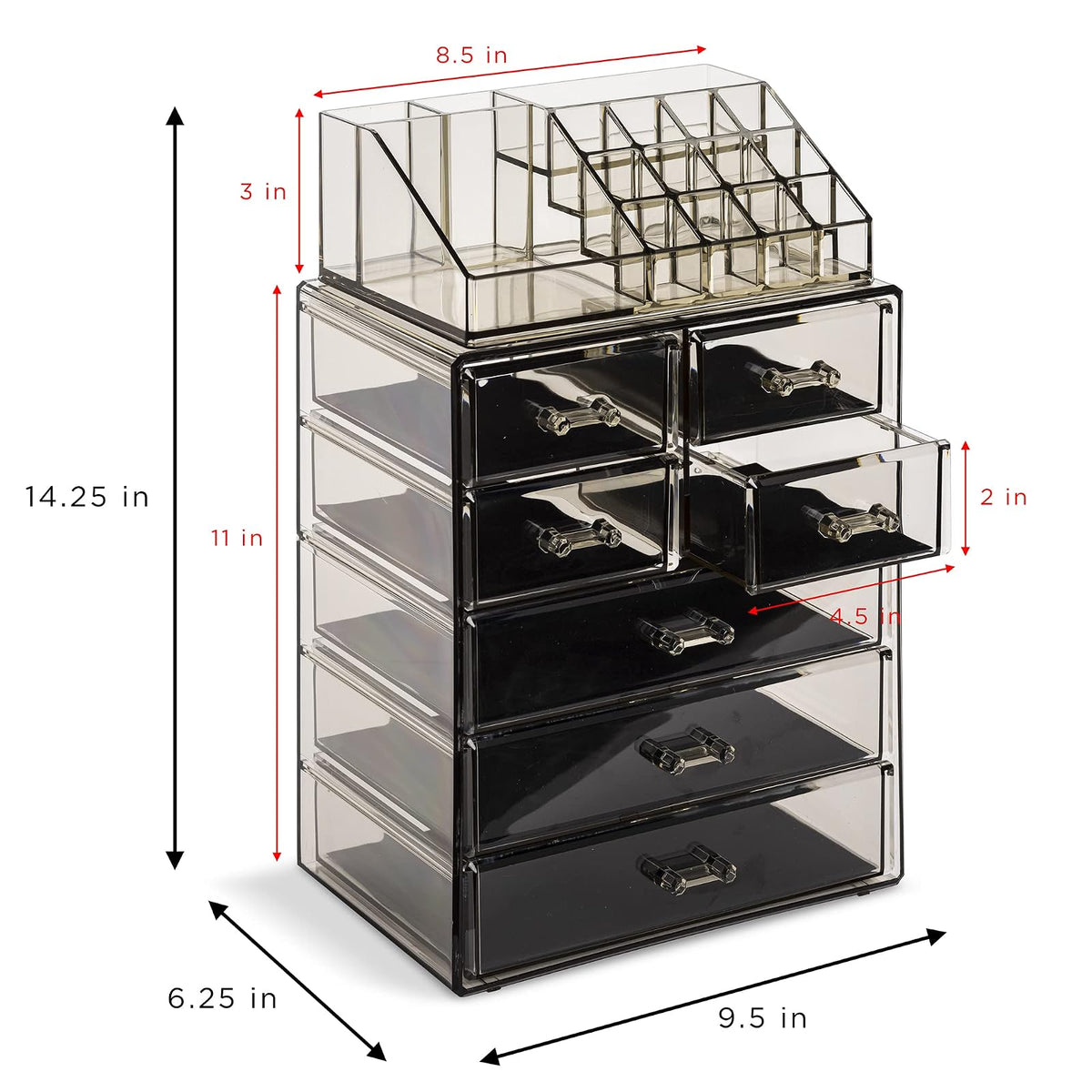 Sorbus Estuche acrílico para almacenamiento de joyas y maquillaje cosmético - Diseño espacioso - Ideal para baño, vestidor, tocador y encimera