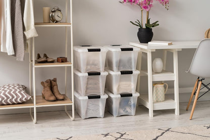 IRIS USA 6 Contenedores de 19 Qt con Tapa, Perla | Oculta el contenido para una apariencia limpia. Ideal para ropa de cama, decoración y clóset. Diseño anidable.