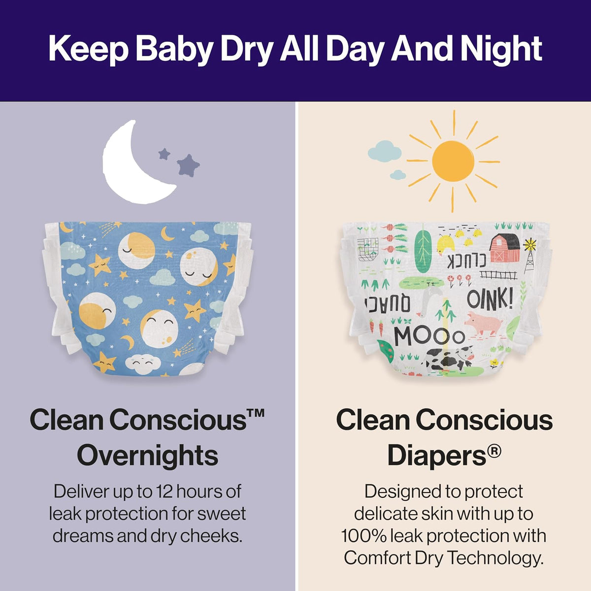 The Honest Company Clean Conscious - Pañales nocturnos | A base de plantas, sostenibles | Cozy Cloud + Star Signos | Caja Club, tamaño 4 (22-36 libras), 48 unidades