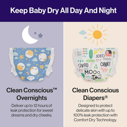 The Honest Company Clean Conscious - Pañales nocturnos | A base de plantas, sostenibles | Cozy Cloud + Star Signos | Caja Club, tamaño 4 (22-36 libras), 48 unidades