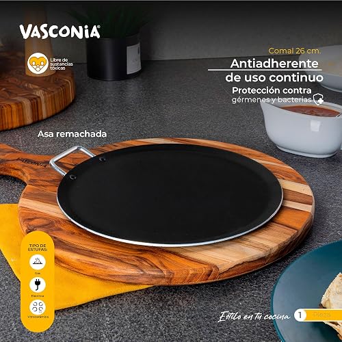 Vasconia - Comal Redondo Básicos Hecho 100% de Aluminio con Antiadherente de Alto Rendimiento, 26 cm, Color Rojo