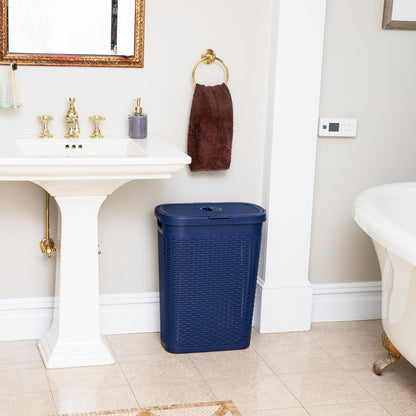 Mind Reader 40L Slim Laundry Hamper, Clothes Basket, Lid, Wicker Design, Plastic, 18" L x 10.4" W x 23.5" H, Navy