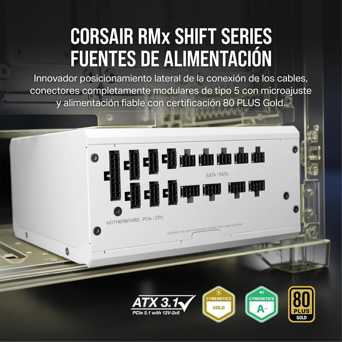 CORSAIR RM1200x Shift Fuente de Alimentación ATX Totalmente Modular - Interfaz Lateral Modular - Compatible con ATX 3.0 y PCIe 5.0 - Modo Ventilador a Cero RPM - Eficiencia 80 Plus Gold - Blanco