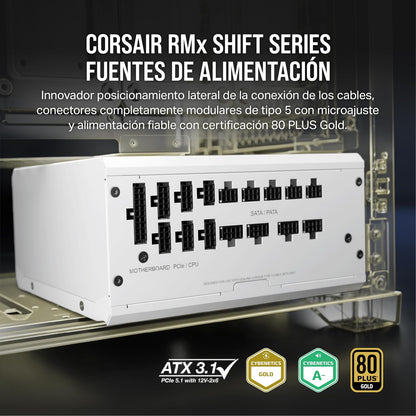 CORSAIR RM1200x Shift Fuente de Alimentación ATX Totalmente Modular - Interfaz Lateral Modular - Compatible con ATX 3.0 y PCIe 5.0 - Modo Ventilador a Cero RPM - Eficiencia 80 Plus Gold - Blanco