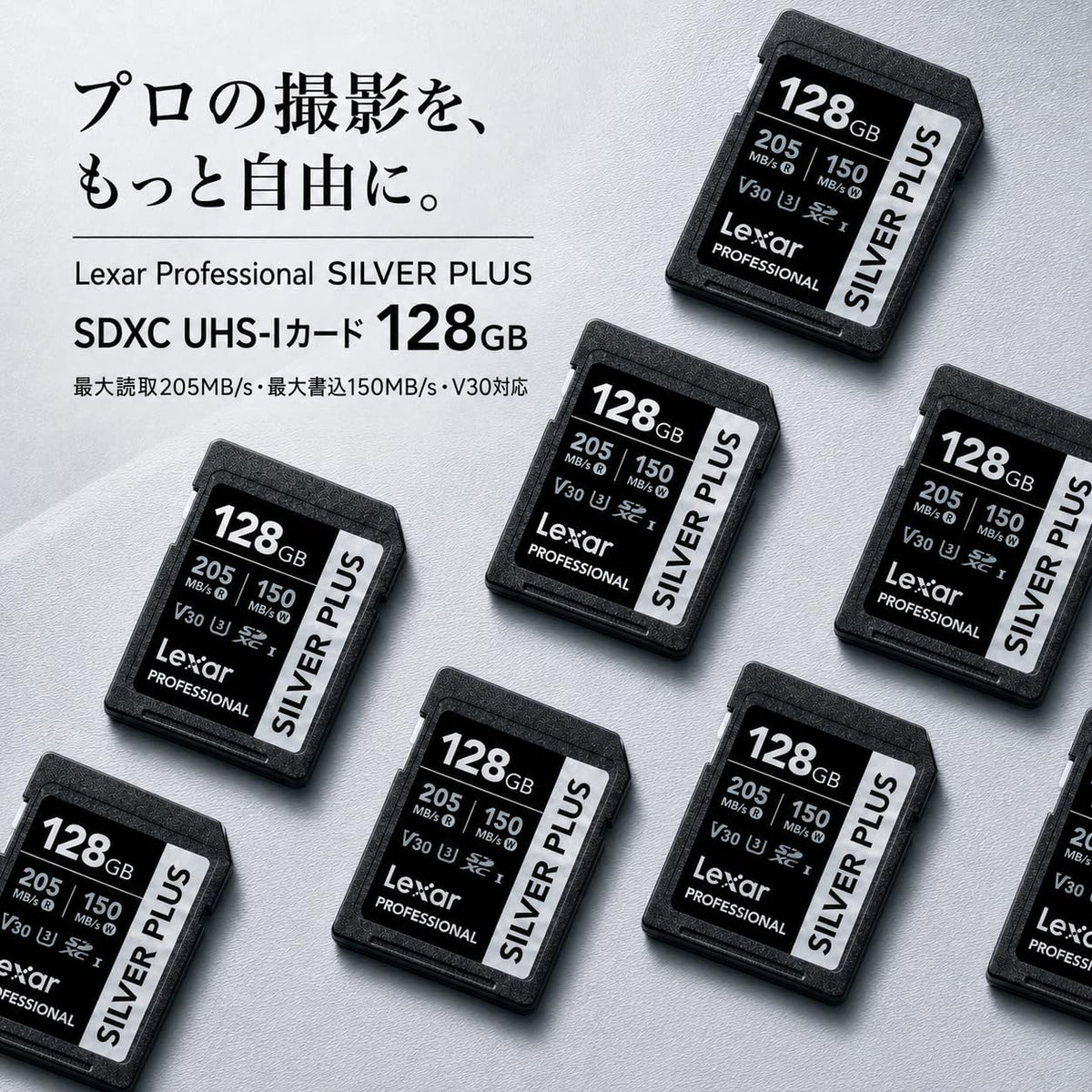 Lexar Profesional SD Silver Plus de 128GB SDXC UHS-I V30, hasta 205MB/s de Lectura y hasta 150MB/s de Escritura