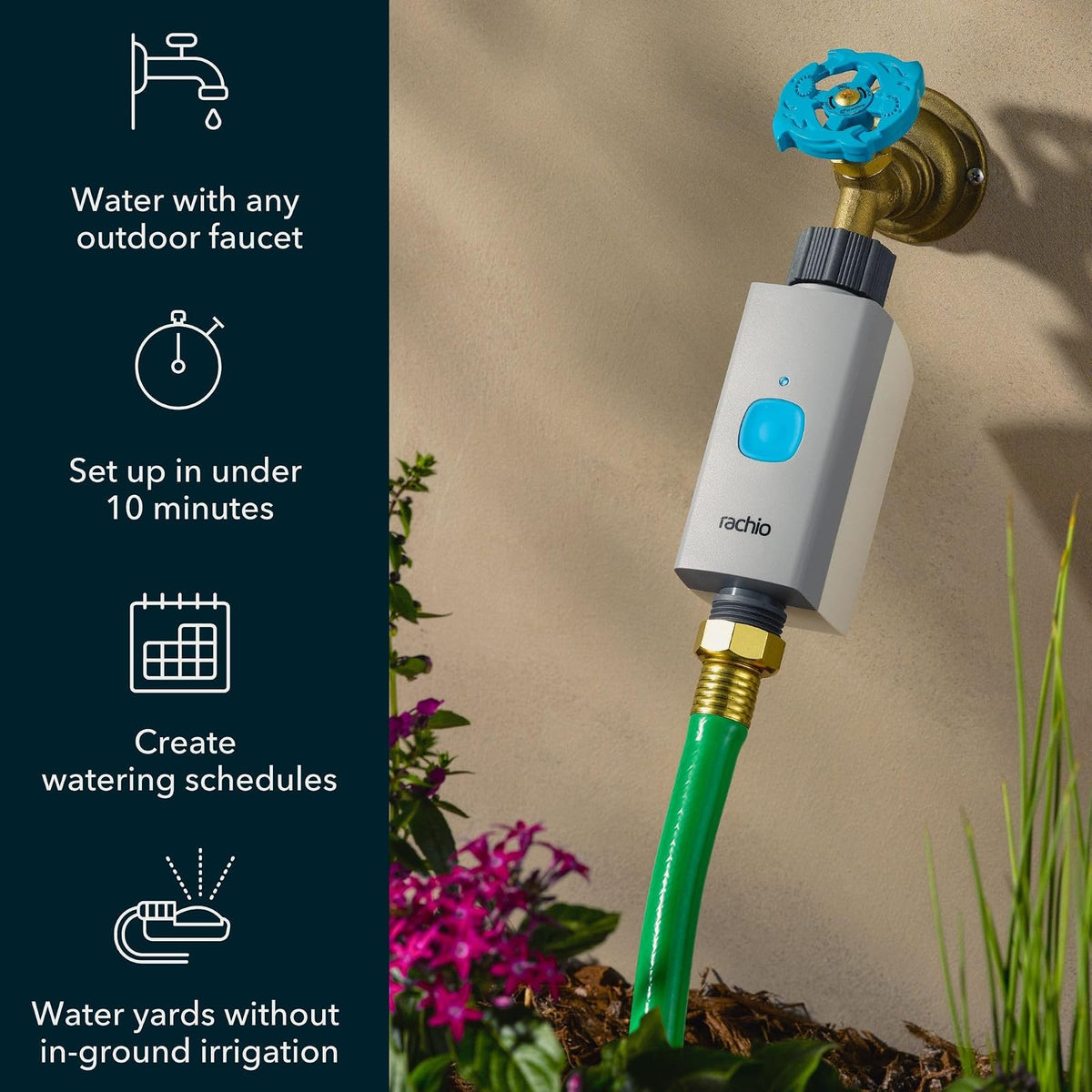 Rachio - Temporizador inteligente de manguera con cubo WiFi para riego al aire libre | Fácil instalación del grifo, automatiza los horarios de agua y rociadores para cuidado del césped, jardín y patio
