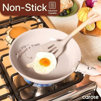 CAROTE – Batería de Cocina 19 Piezas, Ollas y Sartenes Antiadherentes de Cerámica, Mango Desmontable, Color Gris Topo